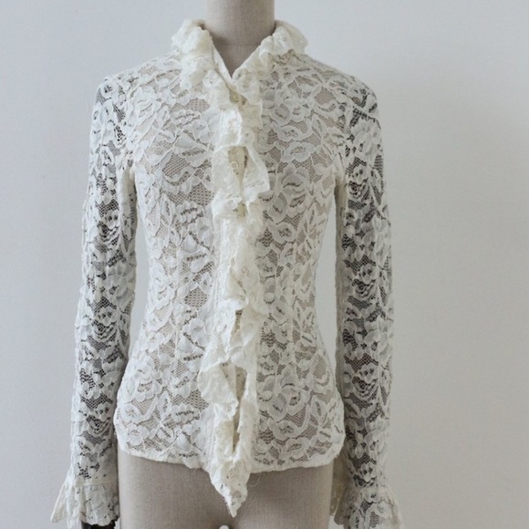 Vintage Sans Souci White Sheer Lace Blouse Sz L /G Classics BOHO Long sleeve - Picture 2 of 7